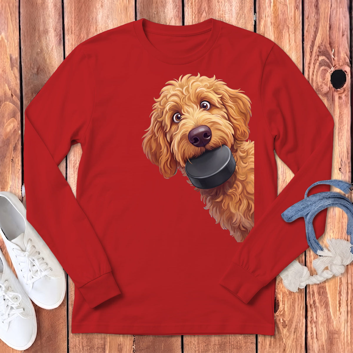 Apricot Goldendoodle Hockey Puck Long Sleeve T-Shirt in Red / S by Puppy Jo