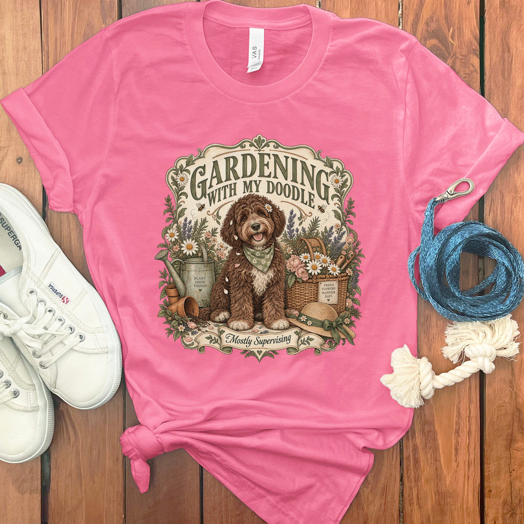 Pink t-shirt with "Gardening with my Doodle" and dog graphic.