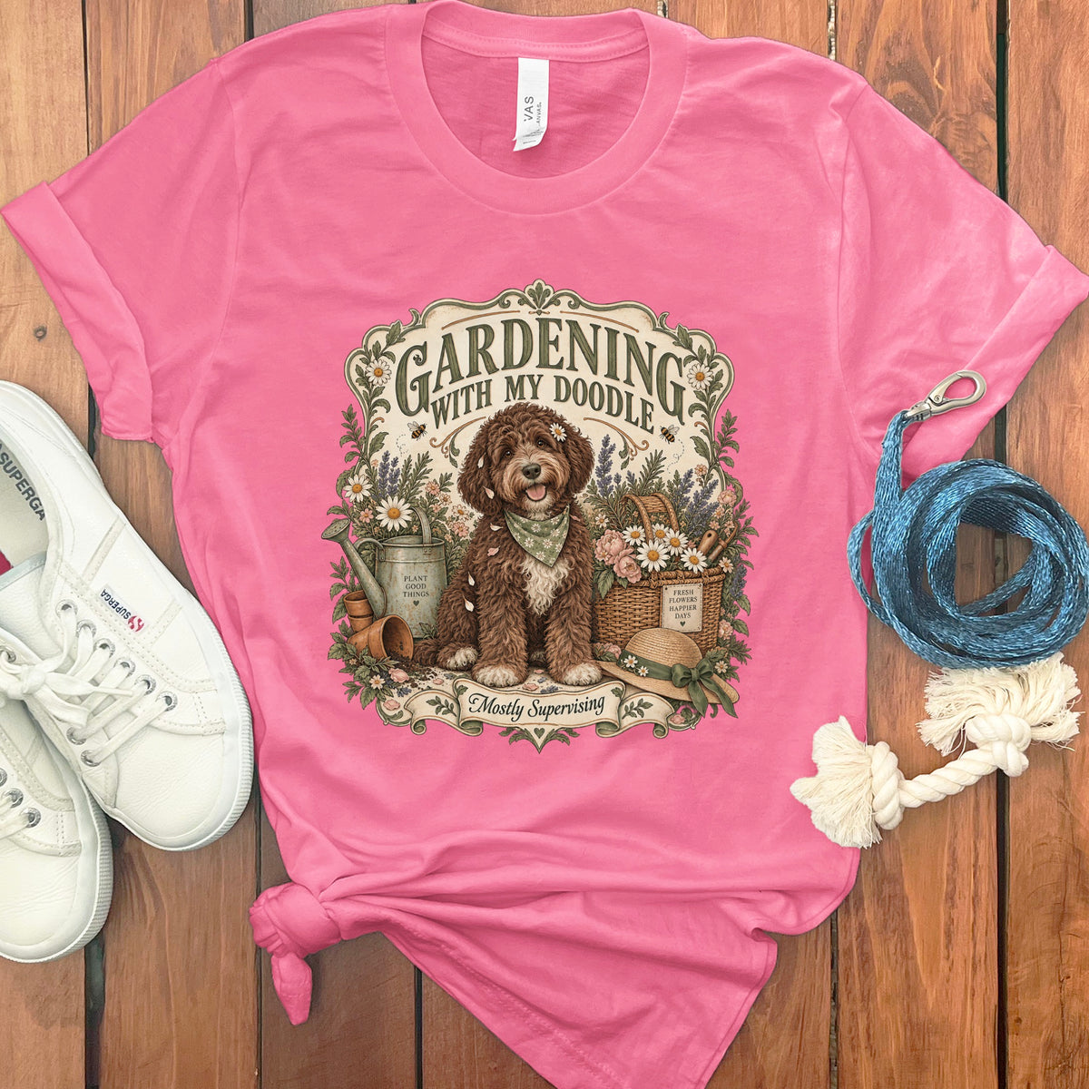 Pink t-shirt with "Gardening with my Doodle" and dog graphic.