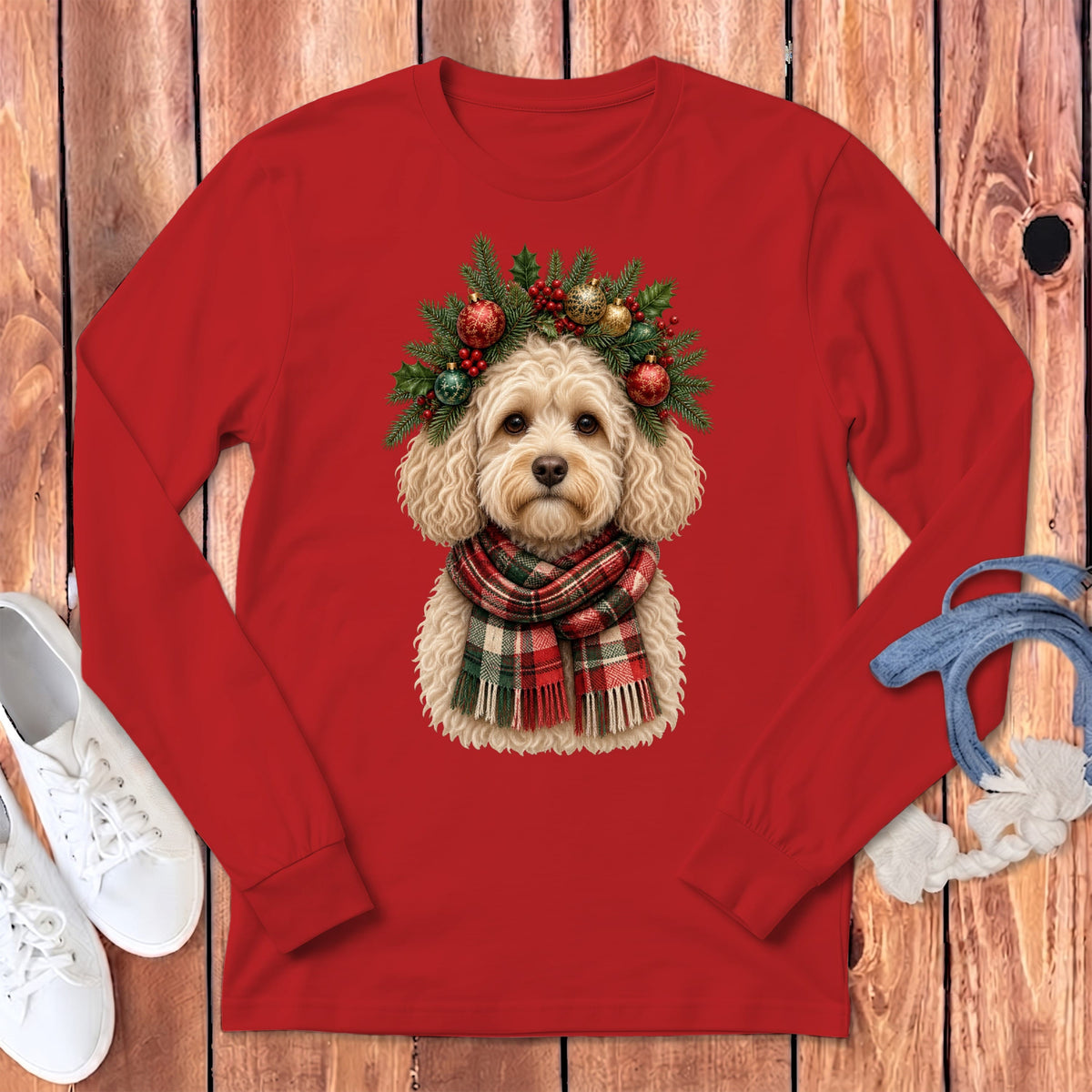 Maltipoo Holiday Crown Long Sleeve T-Shirt in Red / S by MyDesigns