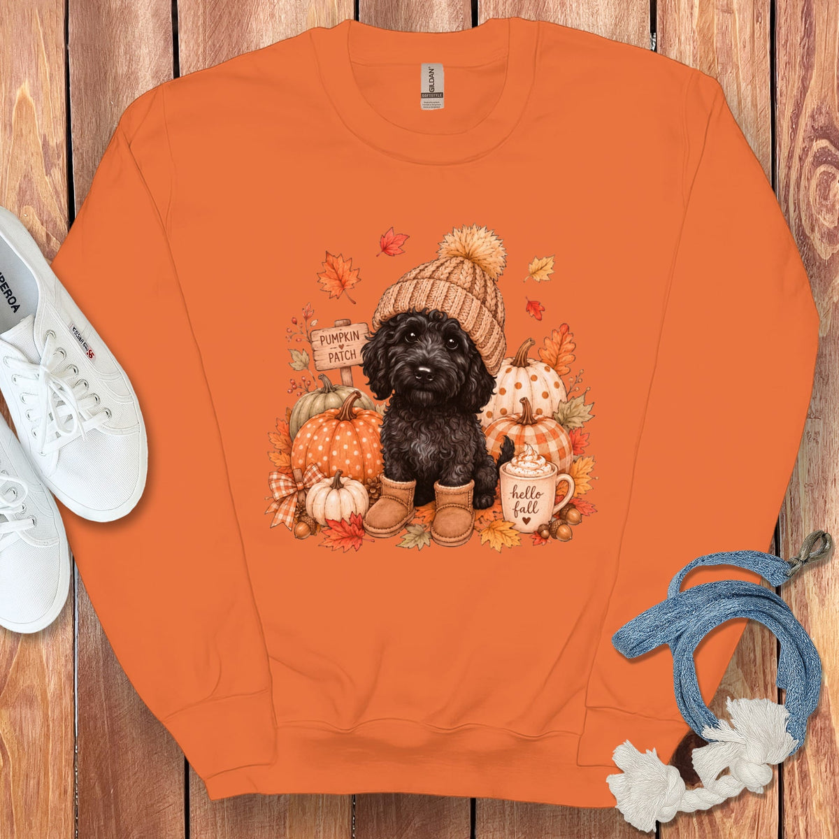 Black Goldendoodle Pumpkin Patch Sweatshirt in Orange / S by Puppy Jo