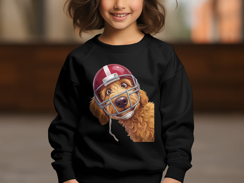 Golden doodle wearing a red football helmet on a black sweatshirt.