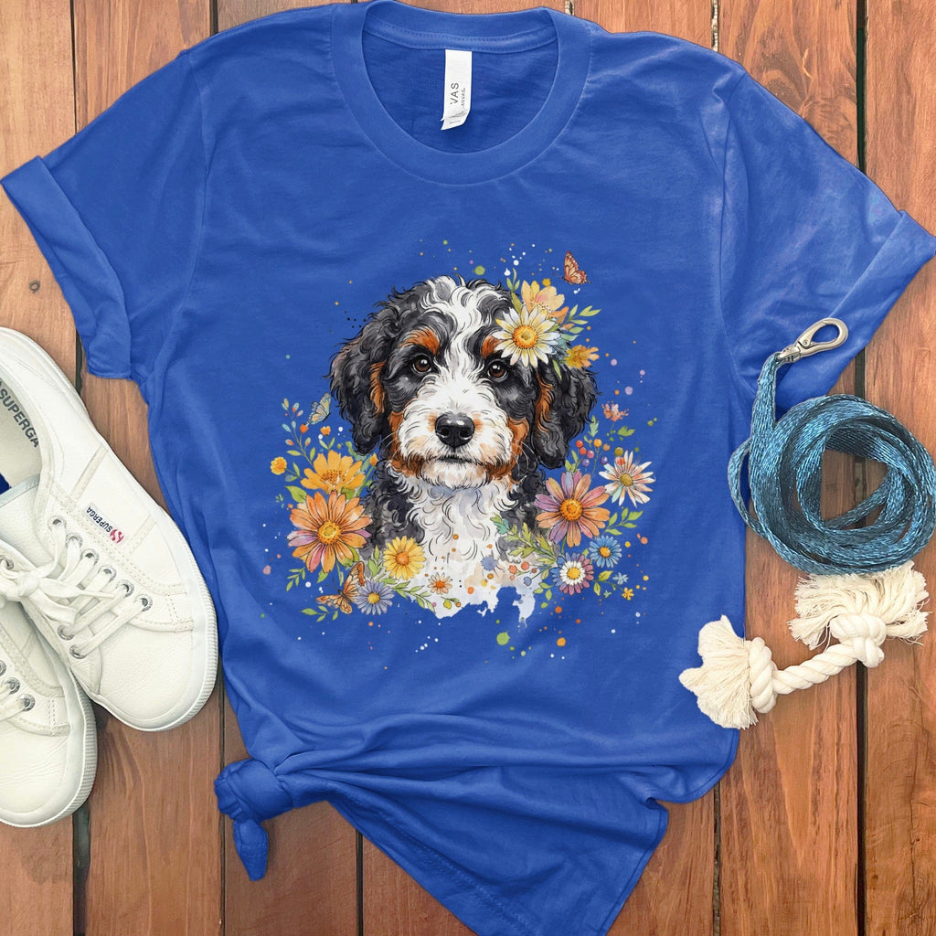Adorable Floral Puppy Illustration on Blue T-Shirt