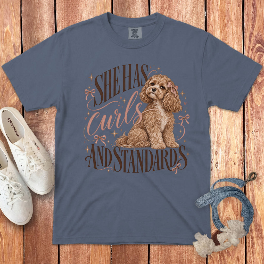 A slate blue t-shirt printed with a curly dog graphic and the text She Has Curls And Standards.