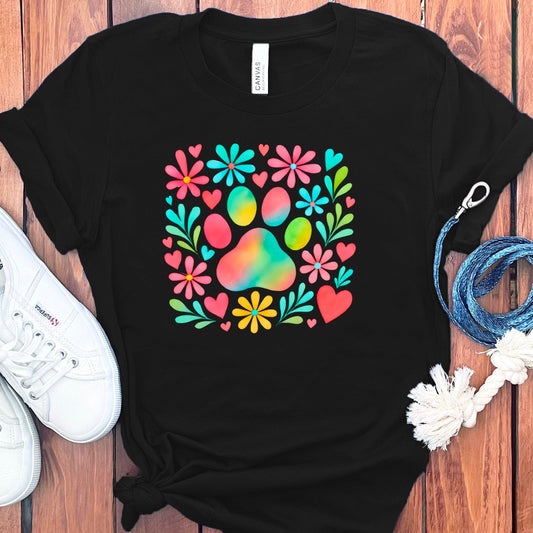 Colorful Paw Print with Floral Design Black T-Shirt product