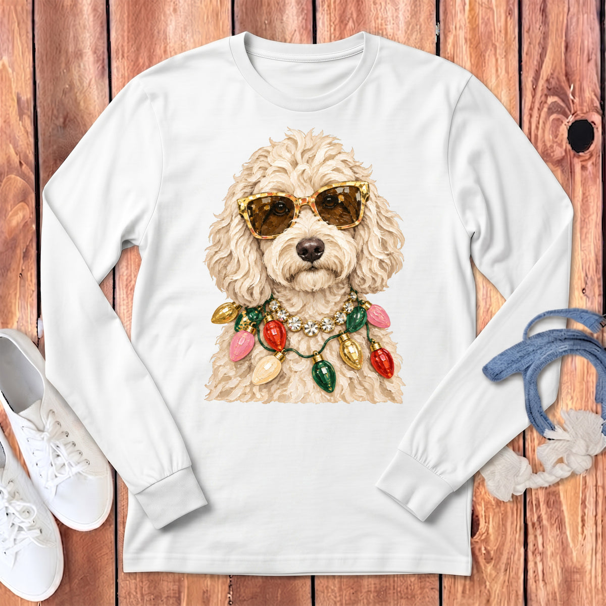 White long-sleeve shirt with a poodle wearing sunglasses and Christmas lights necklace.