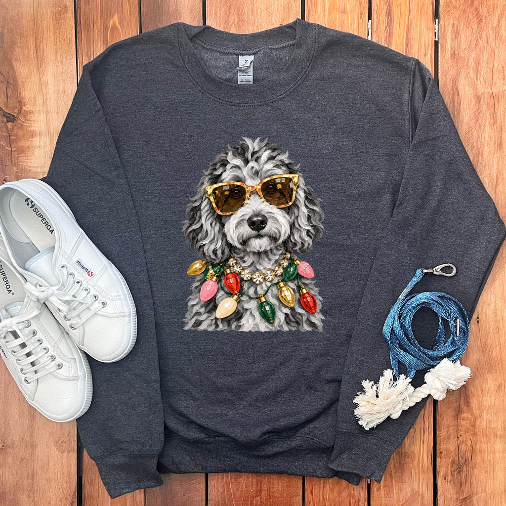 Merle Goldendoodle Christmas Glam Sweatshirt in Dark Heather / S by Puppy Jo