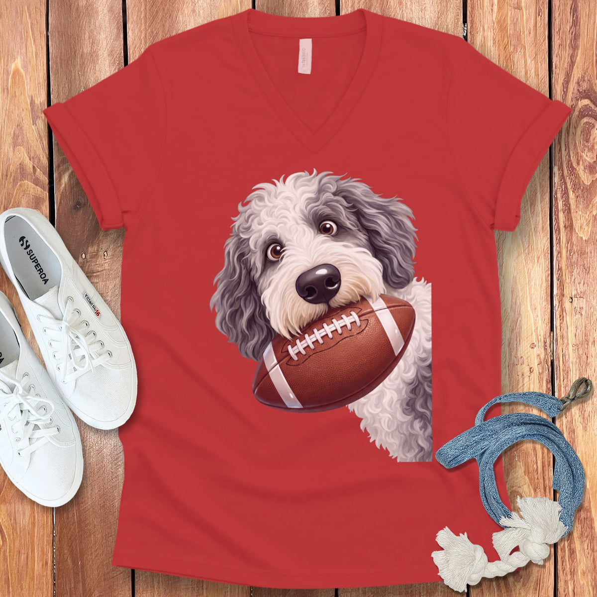 Sheepadoodle Football V-Neck T-Shirt in Red / S by Puppy Jo