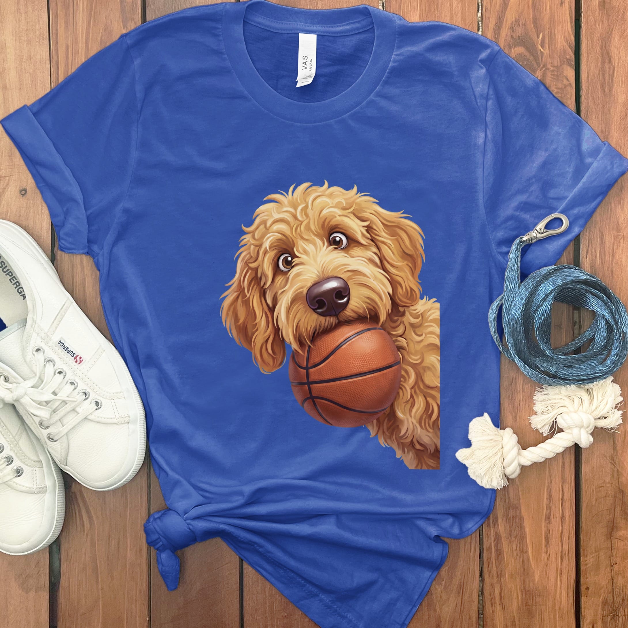 Golden Goldendoodle Basketball T-Shirt in True Royal / S by Puppy Jo