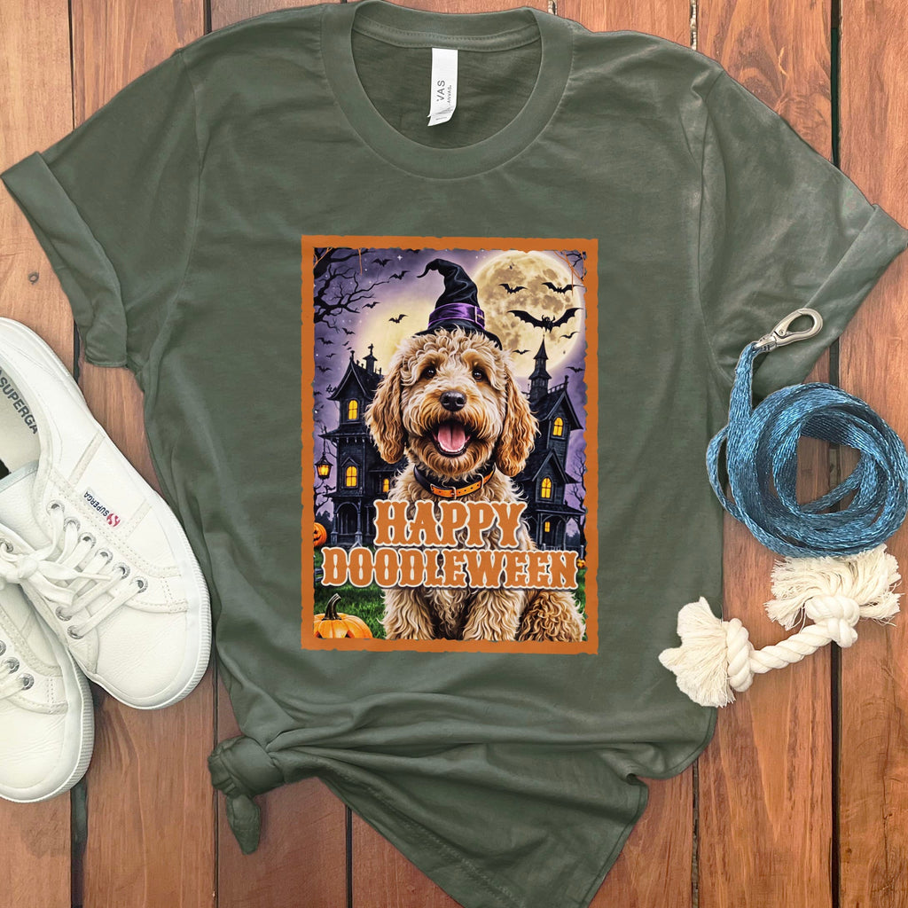 Golden Goldendoodle Happy Doodleween T-Shirt in Military Green / S by Puppy Jo