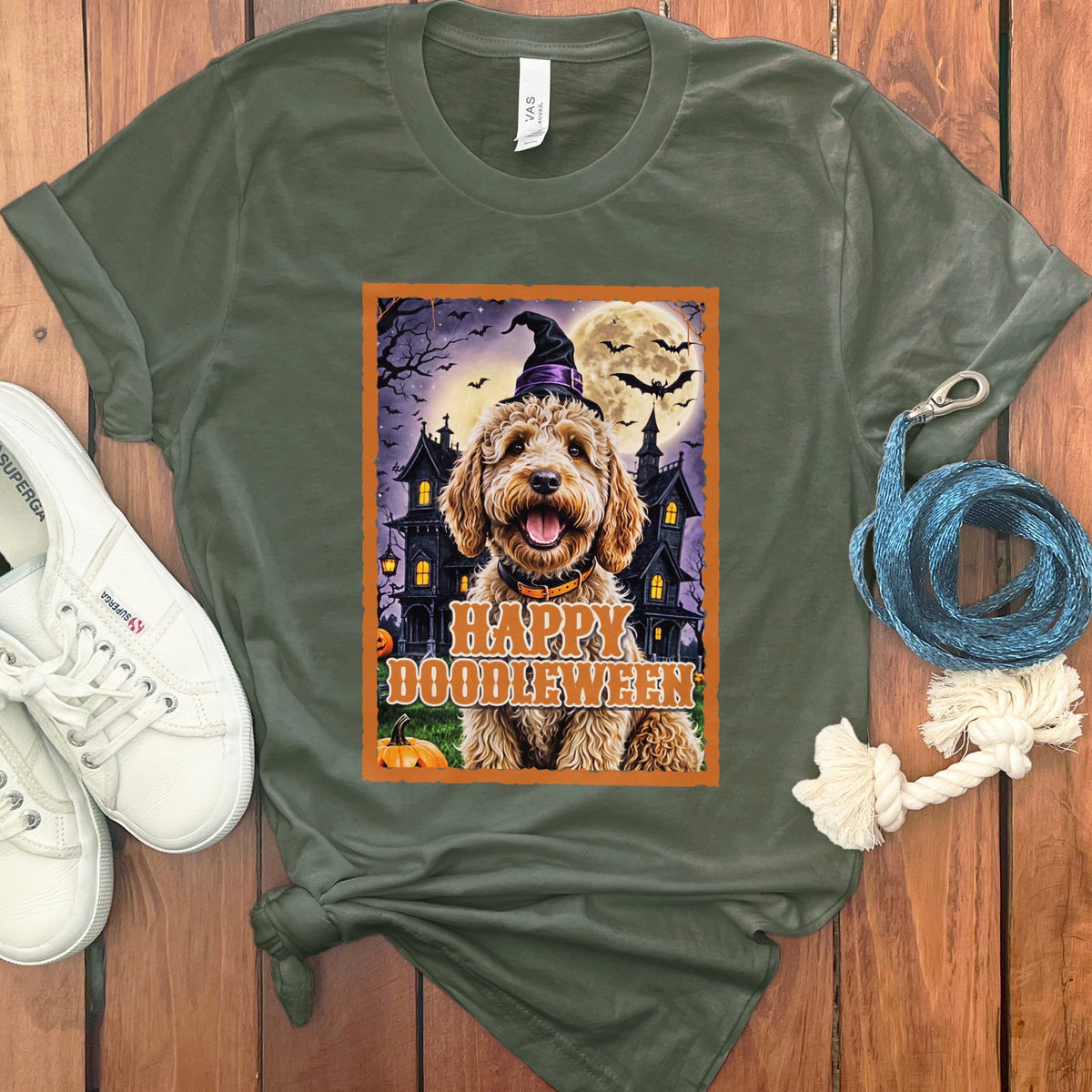 Golden Goldendoodle Happy Doodleween T-Shirt in Military Green / S by Puppy Jo