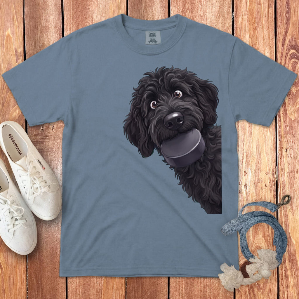 Black Goldendoodle Hockey Puck Signature T-Shirt in Blue Jean / S by Puppy Jo