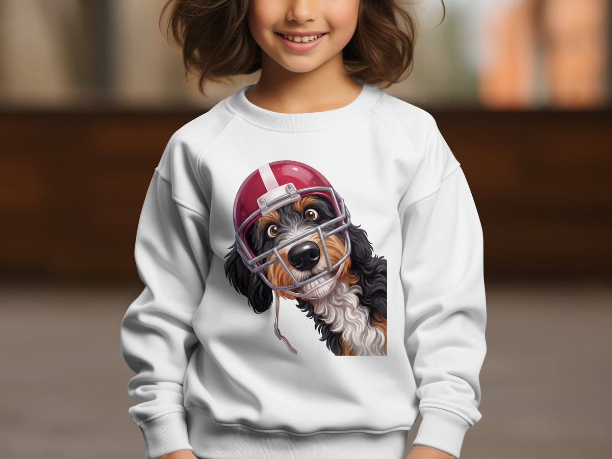 Bernese Mountain Dog wearing a red football helmet peeks from a white sweatshirt.