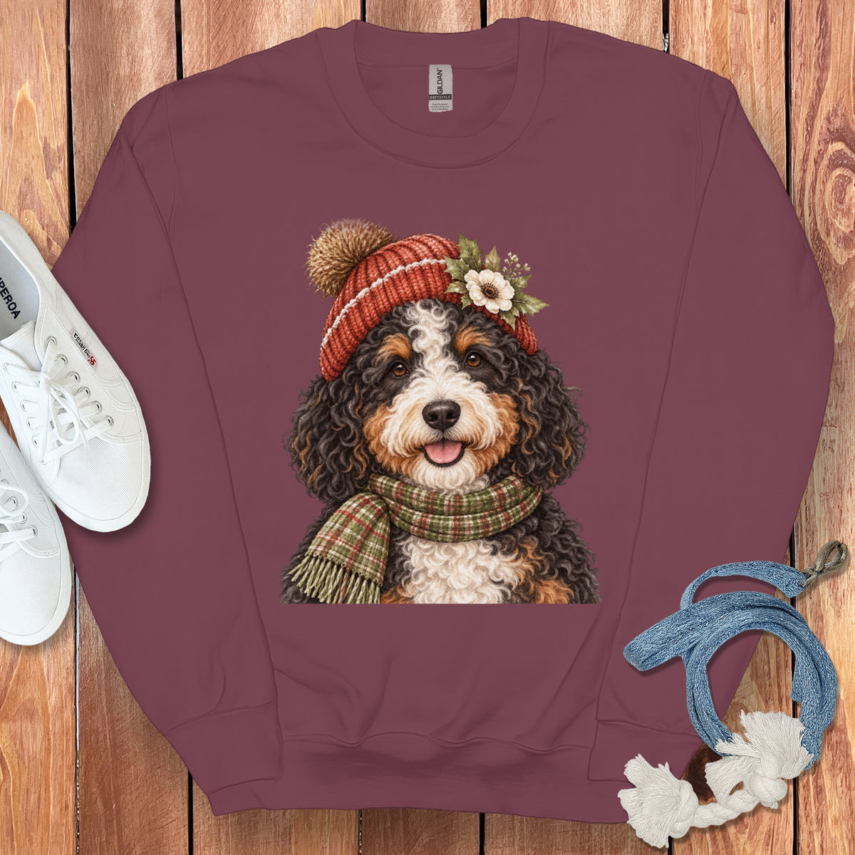 Bernese Mountain Dog wearing a red knit hat with pom-pom and scarf.