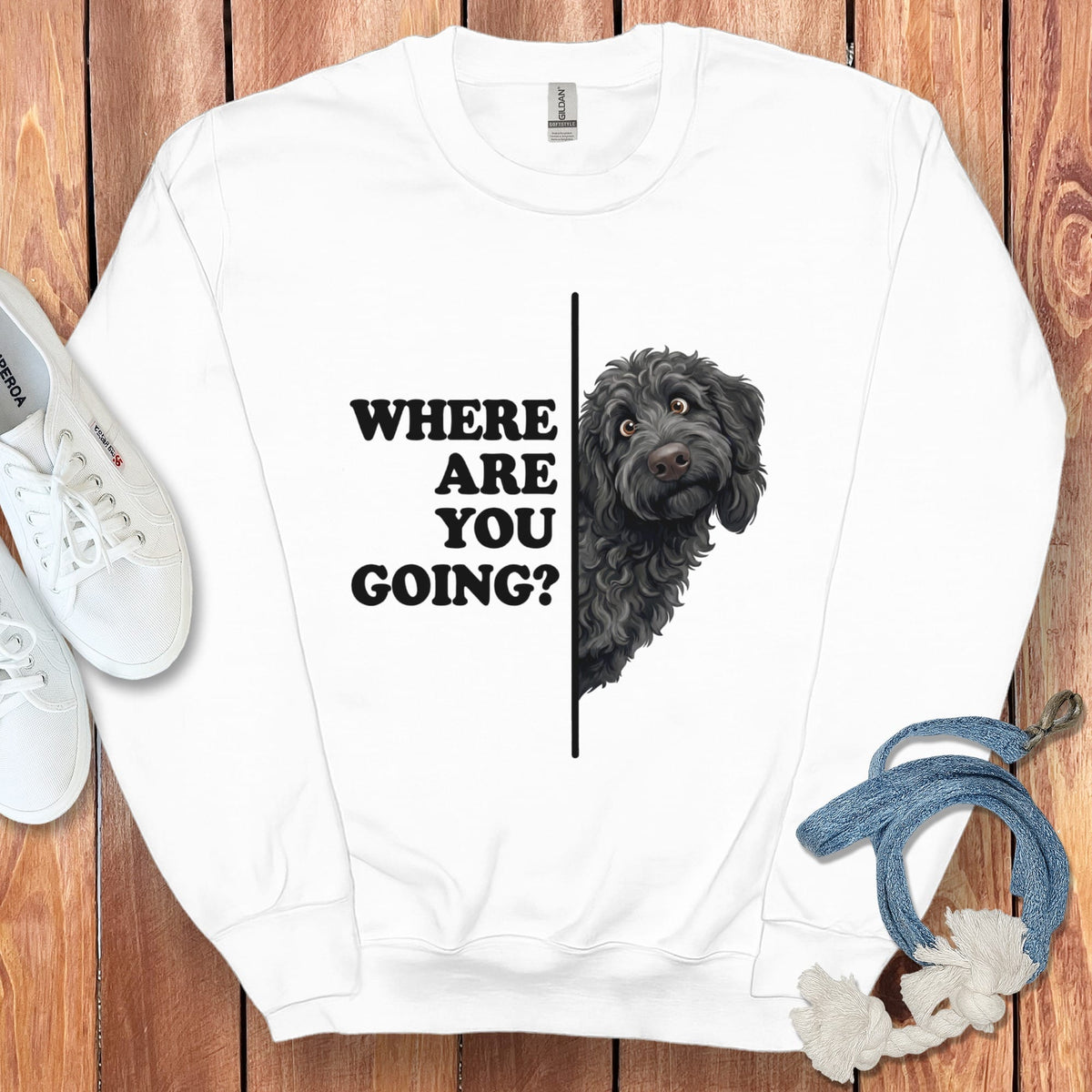 Where Going Black Goldendoodle Sweatshirt in White / S by Puppy Jo