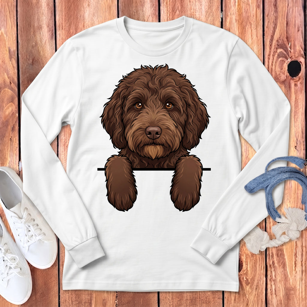 White long-sleeve shirt with a brown doodle dog illustration peeking over a black bar.