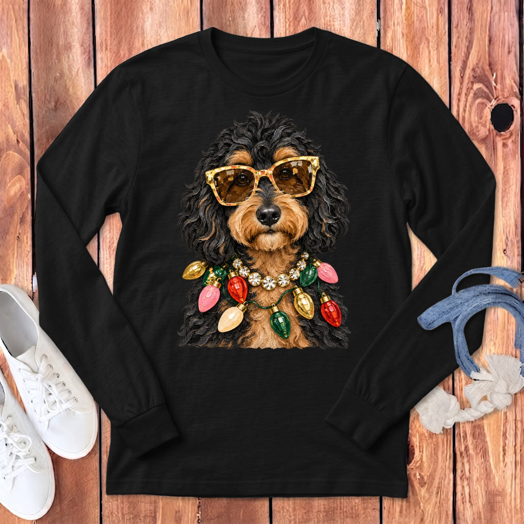 Phantom Goldendoodle Christmas Glam Long Sleeve T-Shirt in Dark Grey Heather / S by Puppy Jo