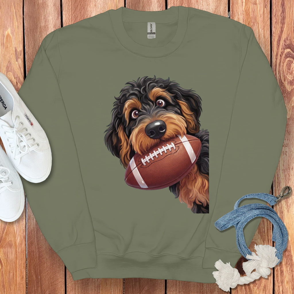 Olive green sweatshirt with a graphic of a dog holding a football.
