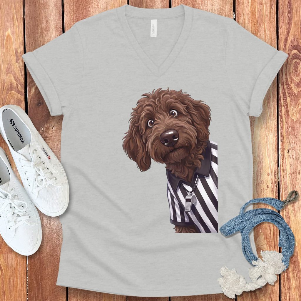Chocolate Goldendoodle Football Referee V-Neck T-Shirt in Athletic Heather / S by Puppy Jo