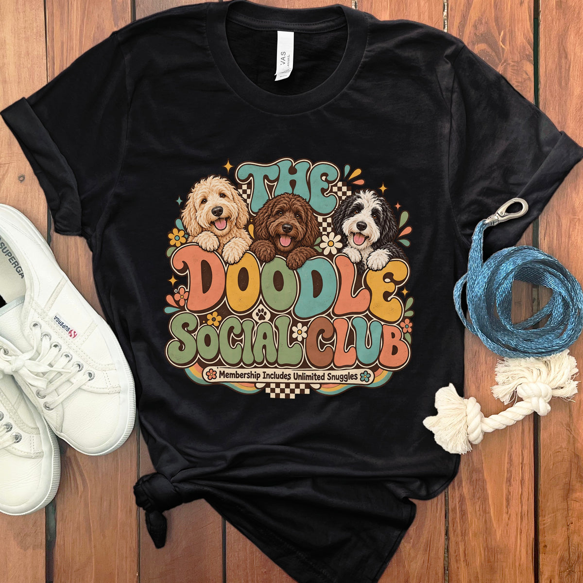 Black t-shirt with "The Doodle Social Club" and three doodle dogs.