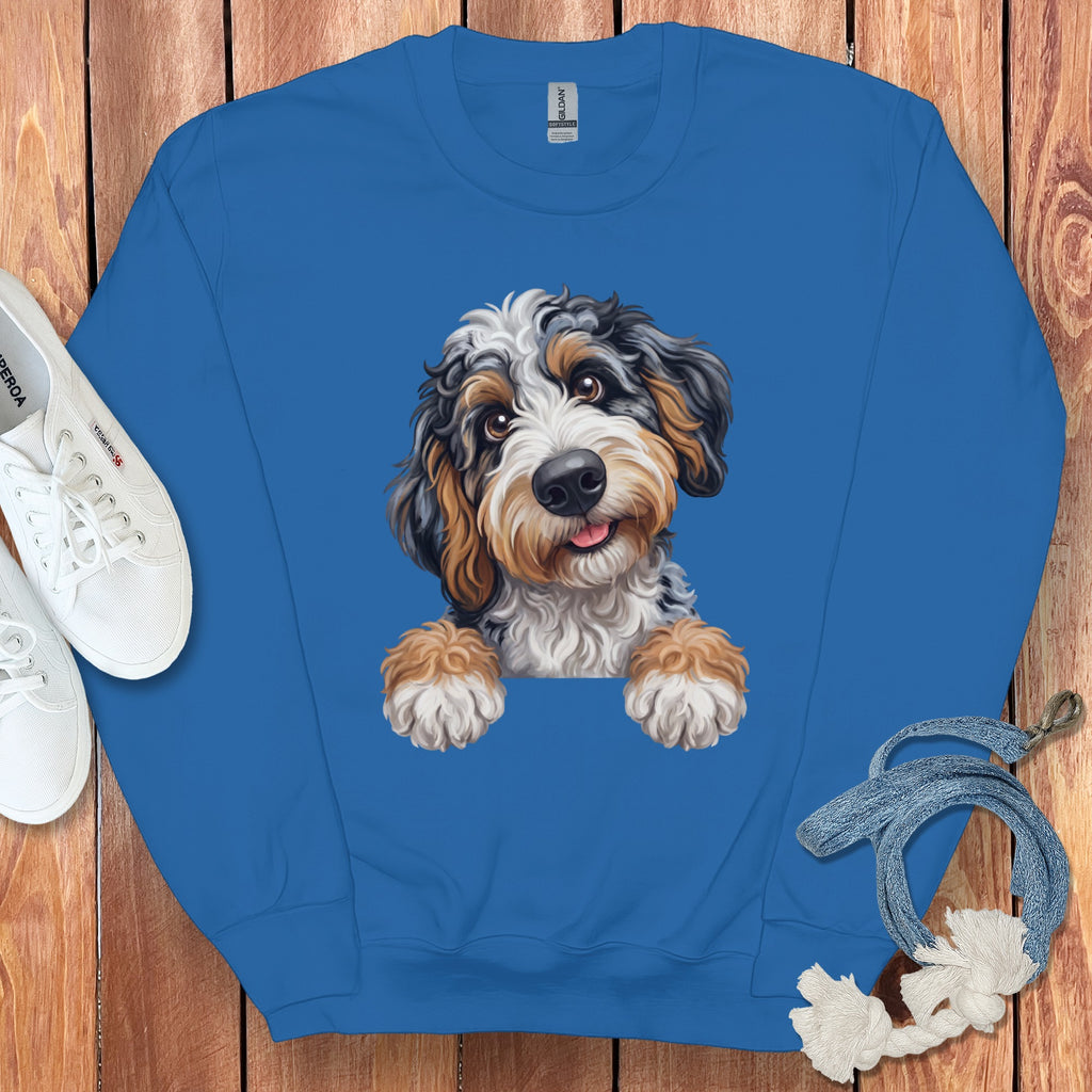 Crewneck sweatshirt with a painted Bernese Mountain Dog puppy graphic.