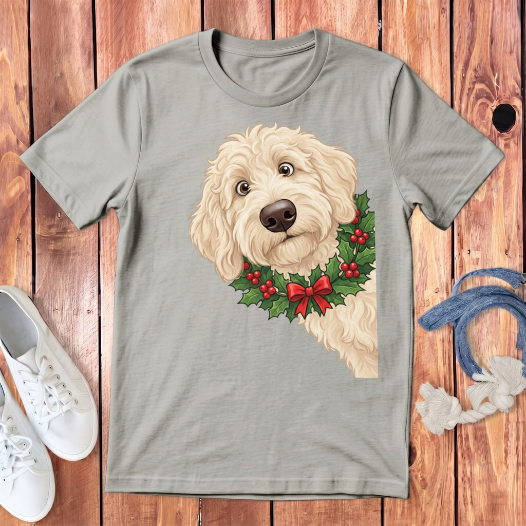 Grey t-shirt with a cream doodle dog wearing a holly wreath and red bow.