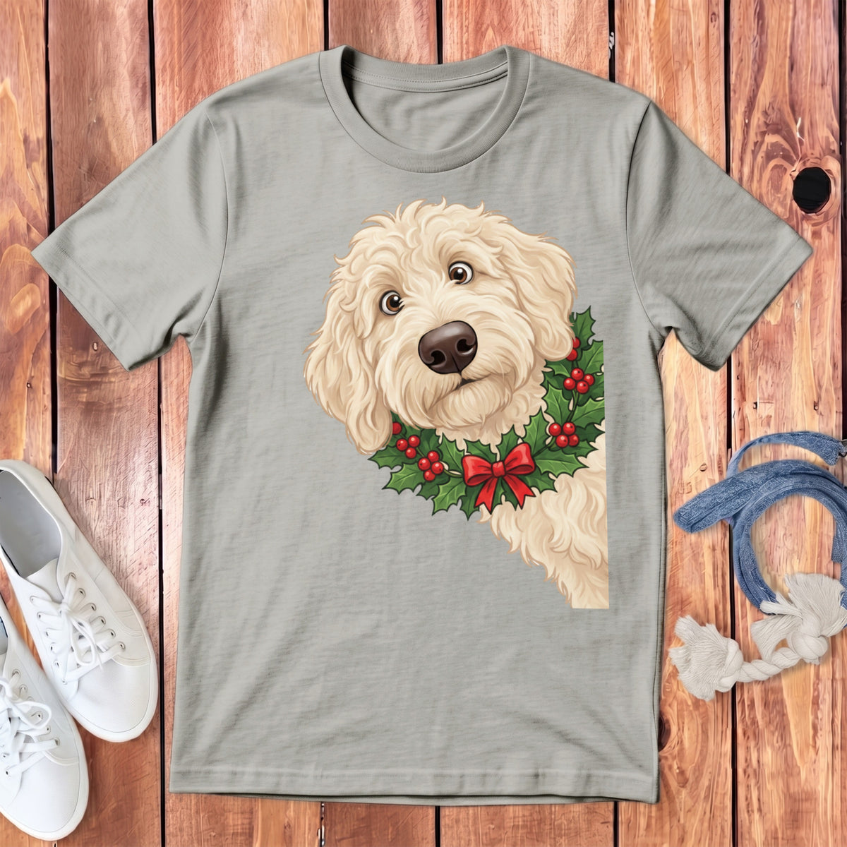 Grey t-shirt with a cream doodle dog wearing a holly wreath and red bow.