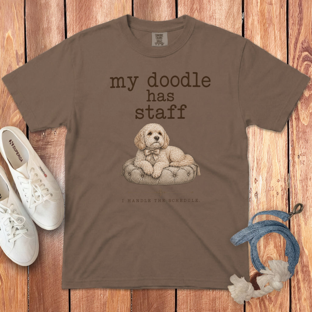 Brown t-shirt with "my doodle has staff" and dog graphic.
