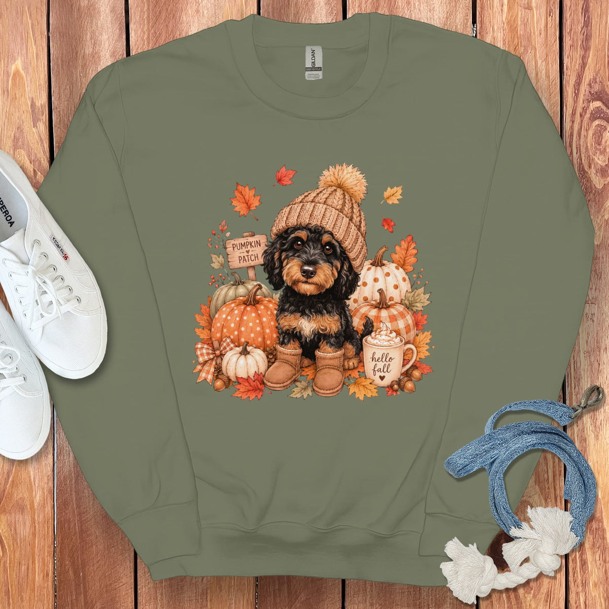 Phantom Goldendoodle Pumpkin Patch Sweatshirt in Military Green / S by Puppy Jo