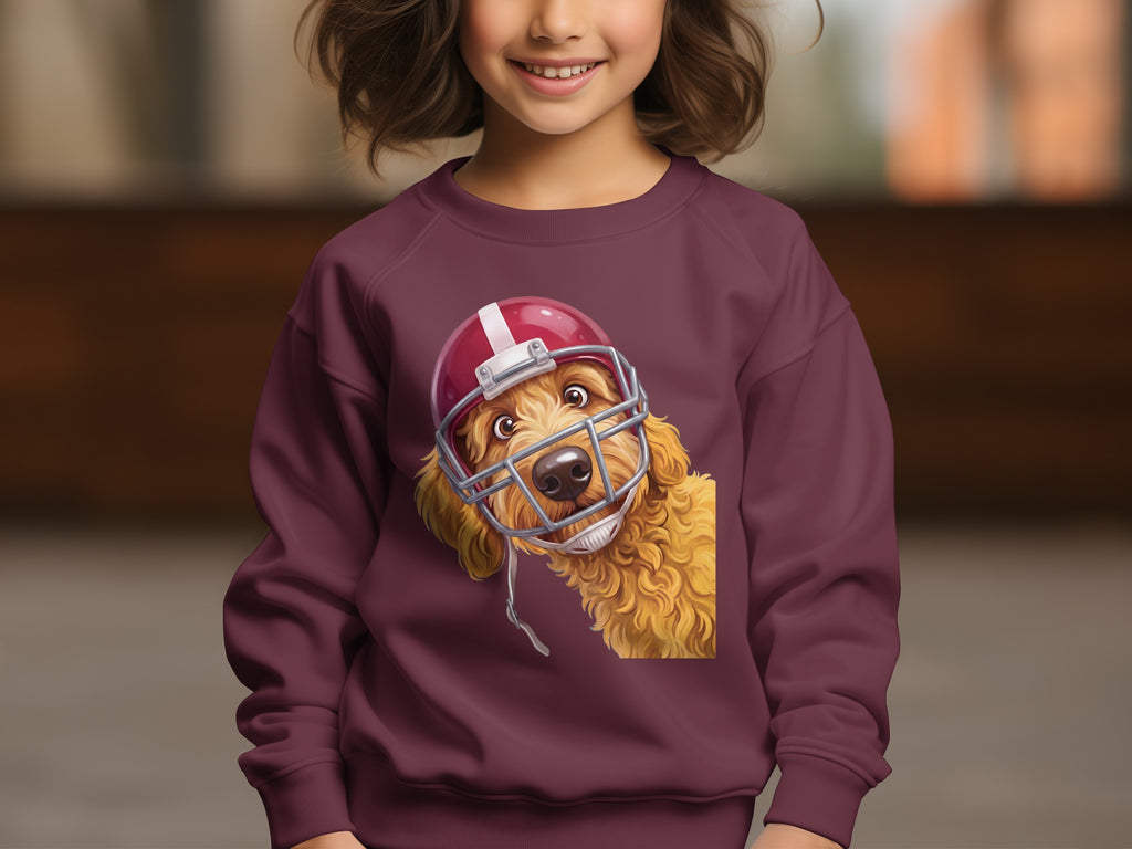 Maroon sweatshirt with a doodle dog wearing a football helmet graphic.