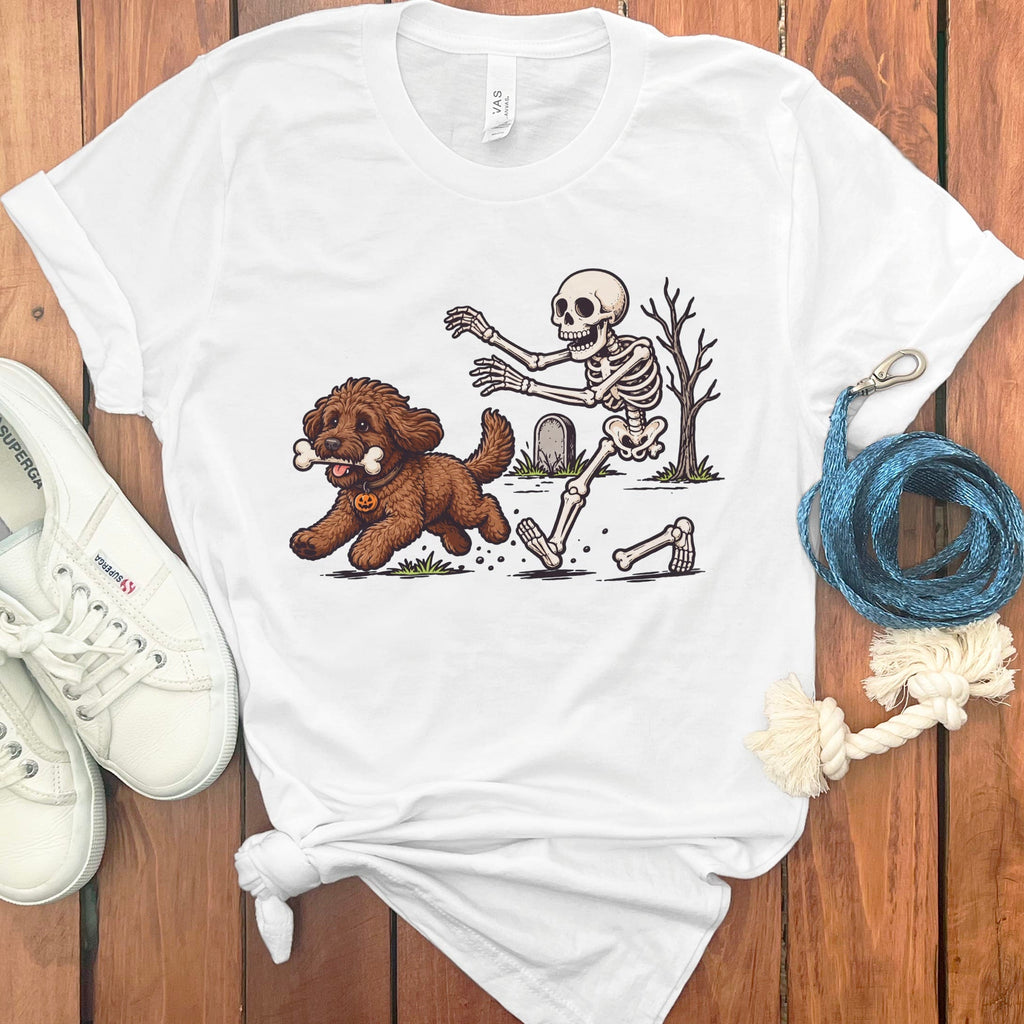 Chocolate Goldendoodle Bone Thief T-Shirt in White / S by Puppy Jo