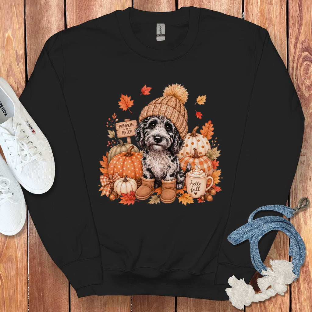 Merle Goldendoodle Pumpkin Patch Sweatshirt in Black / S by Puppy Jo