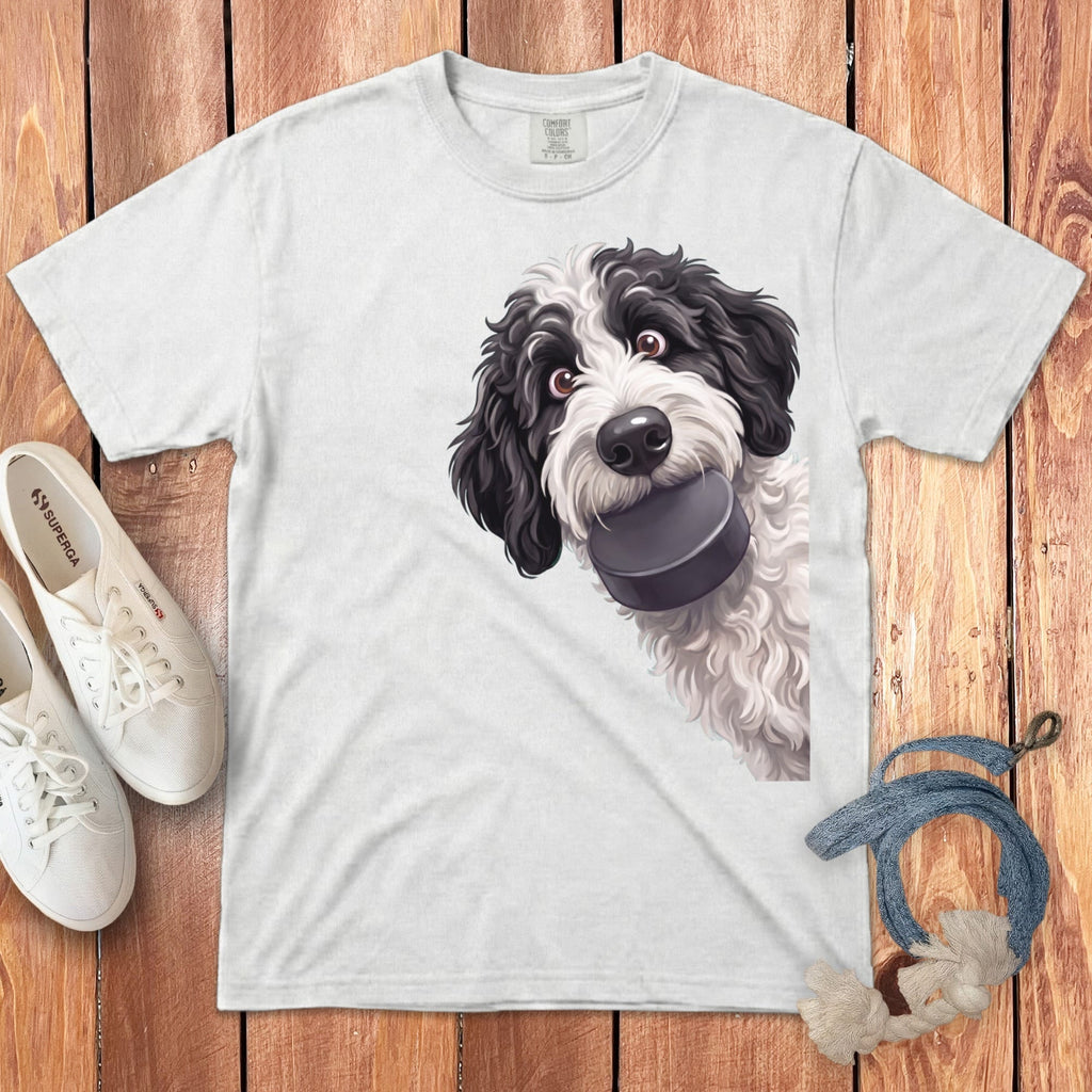 Sheepadoodle Hockey Puck Signature T-Shirt in White / S by Puppy Jo