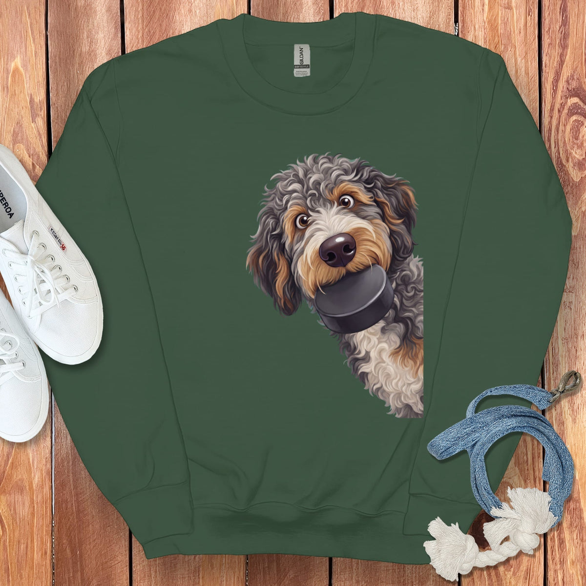 Aussiedoodle Hockey Puck Sweatshirt in Forest Green / S by Puppy Jo