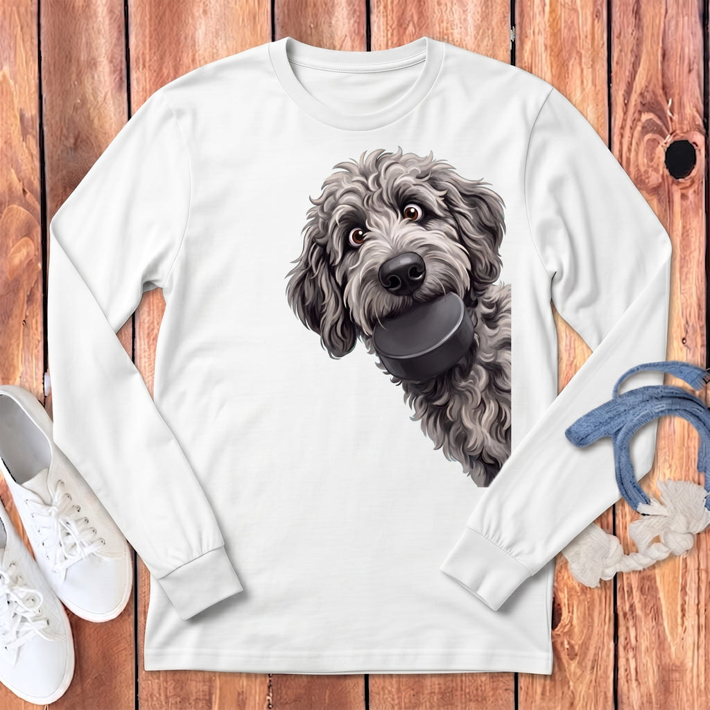 Merle Goldendoodle Hockey Puck Long Sleeve T-Shirt in White / S by Puppy Jo
