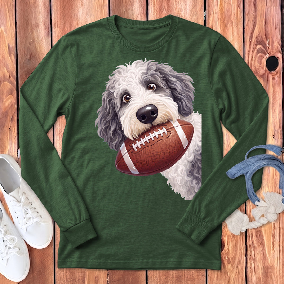 Doodle dog with football in its mouth on a green long-sleeve shirt.