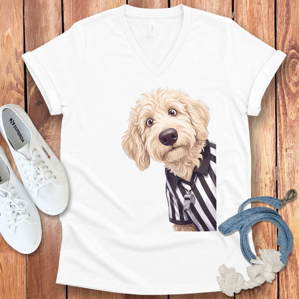 Cream Goldendoodle Football Referee V-Neck T-Shirt in White / S by Puppy Jo