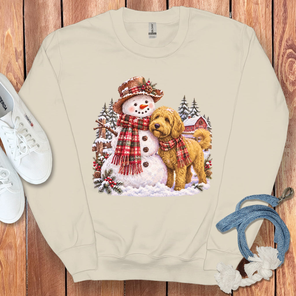 Golden Goldendoodle Christmas Snowman Sweatshirt in Sand / S by Puppy Jo