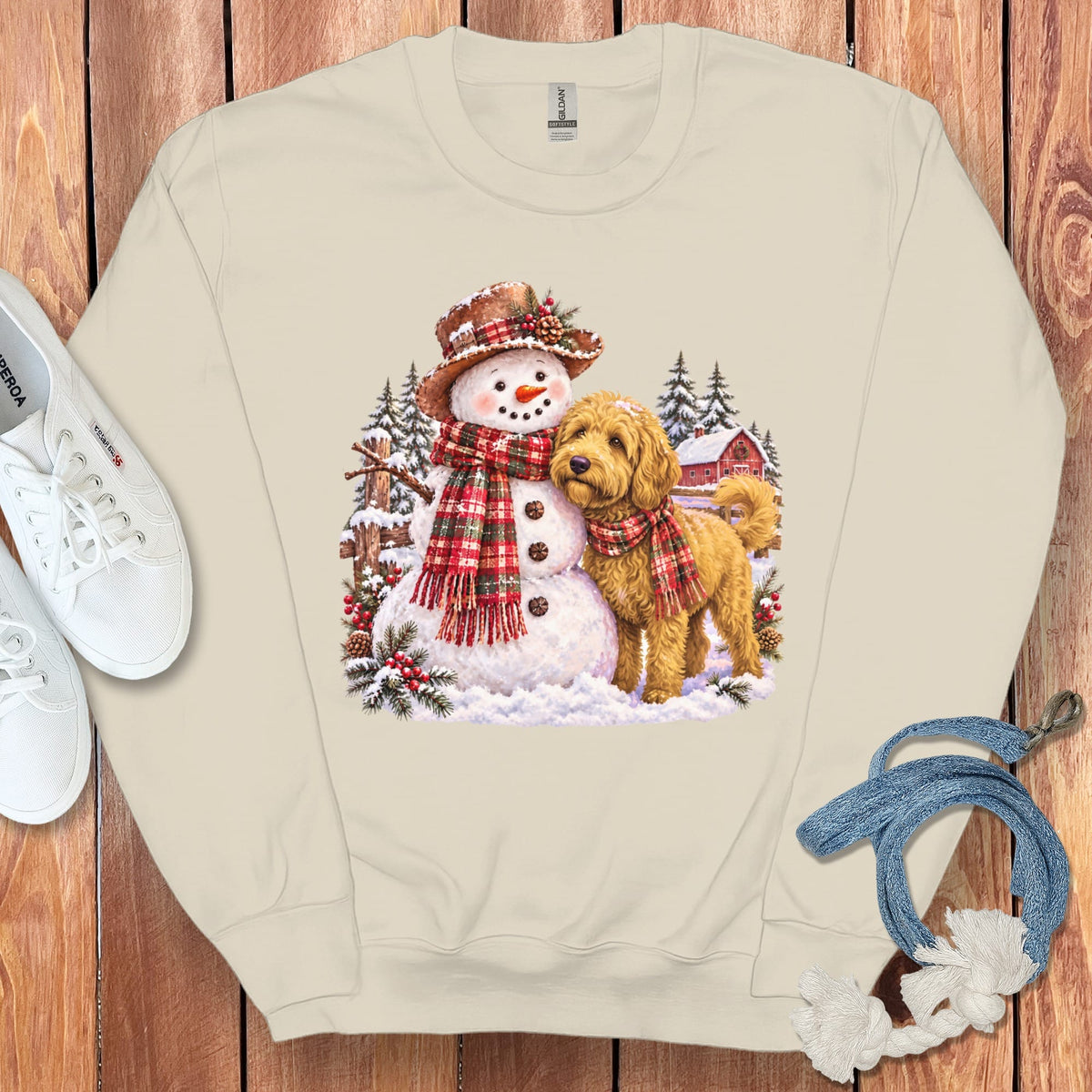 Golden Goldendoodle Christmas Snowman Sweatshirt in Sand / S by Puppy Jo