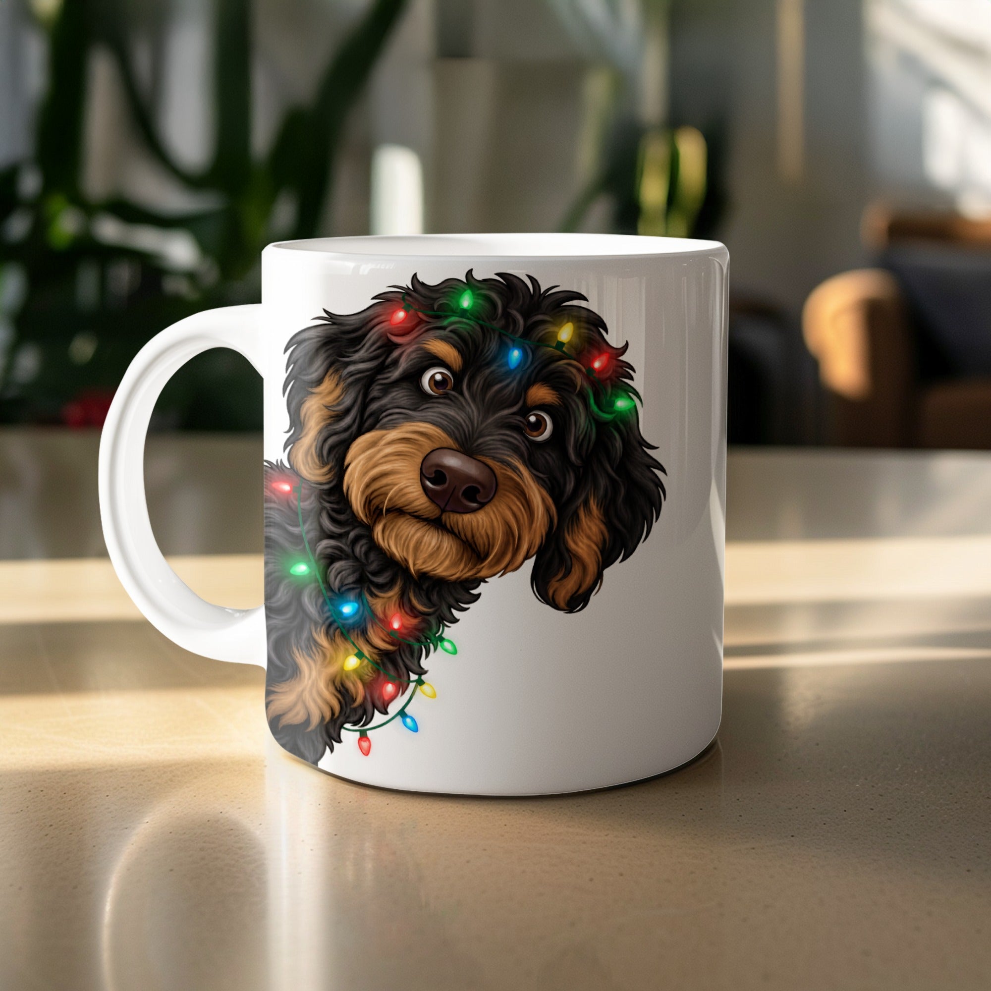 White mug with a doodle dog wearing colorful Christmas lights.
