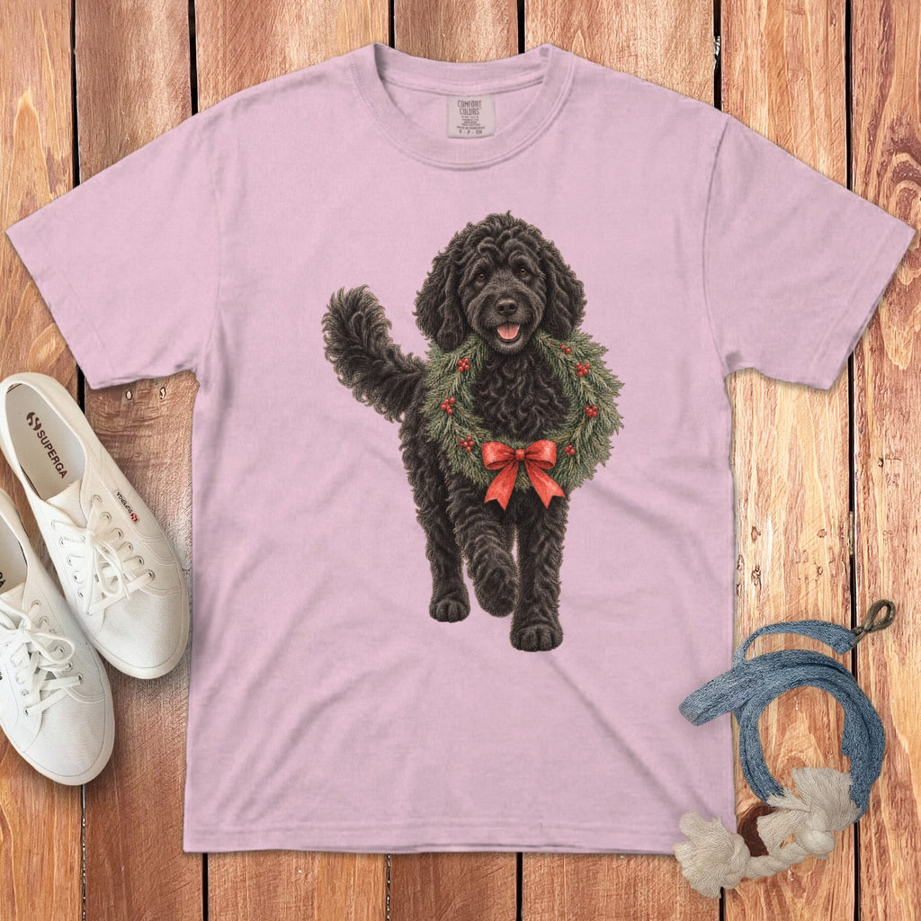 Black Goldendoodle Wreath Signature T-Shirt in Blossom / S by Puppy Jo