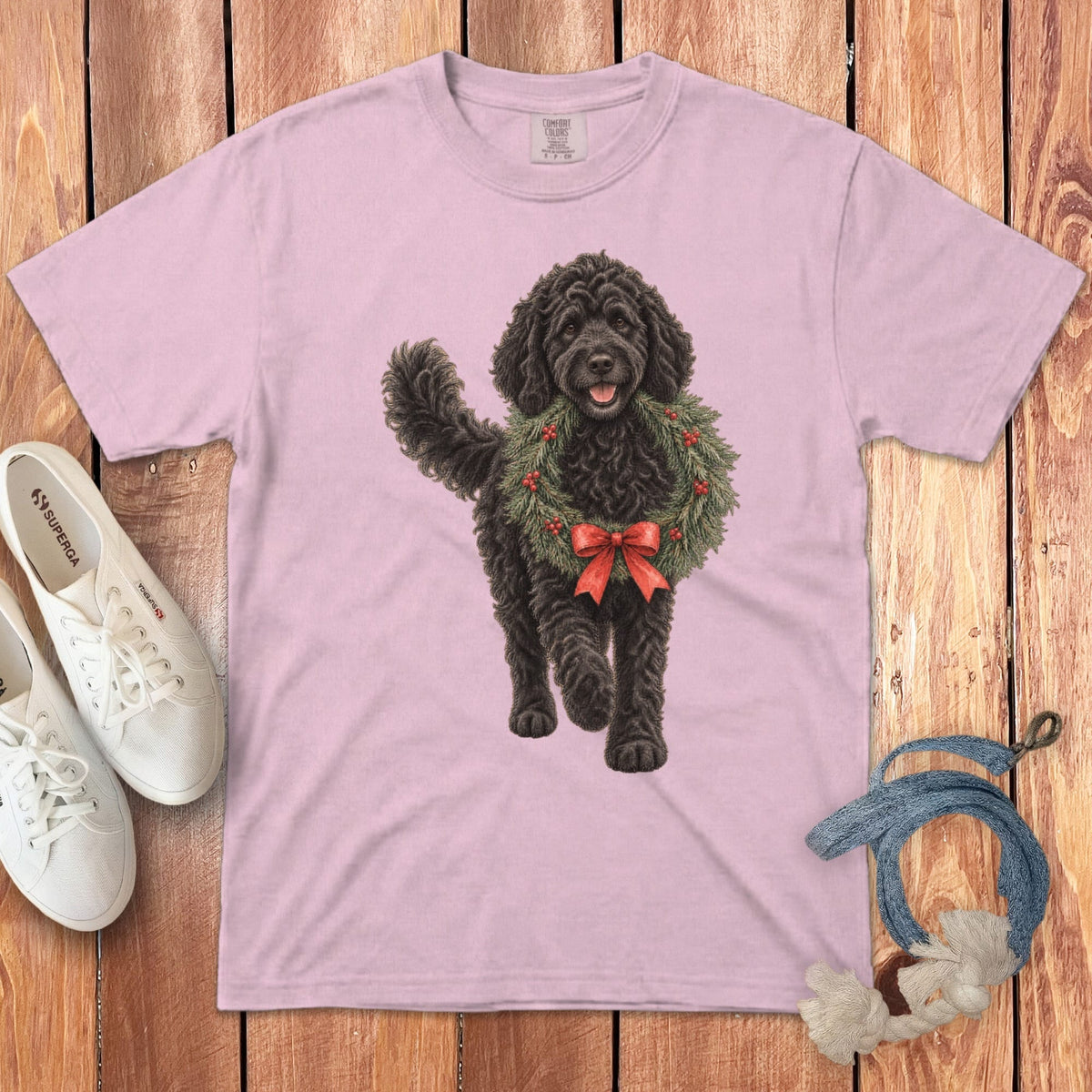 Black Goldendoodle Wreath Signature T-Shirt in Blossom / S by Puppy Jo