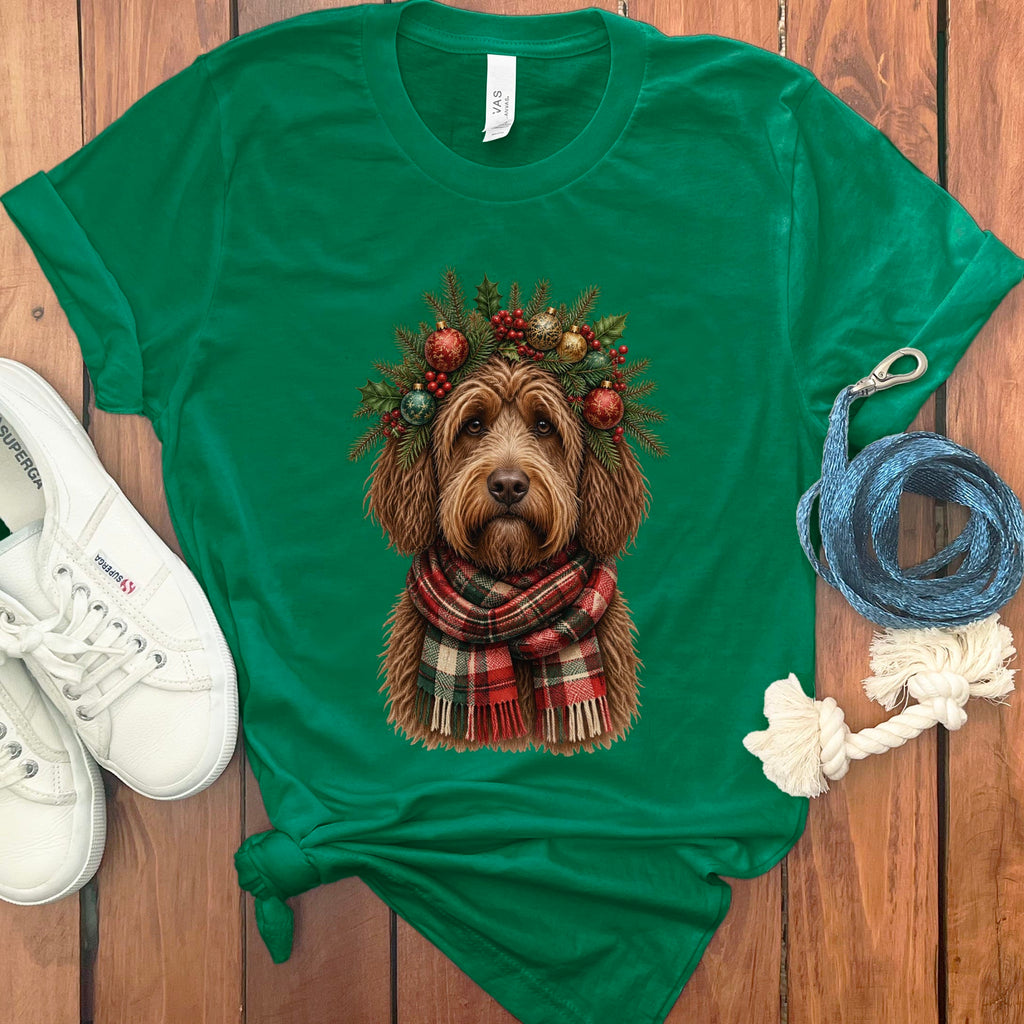 Chocolate Goldendoodle Holiday Crown T-Shirt in Kelly / S by Puppy Jo