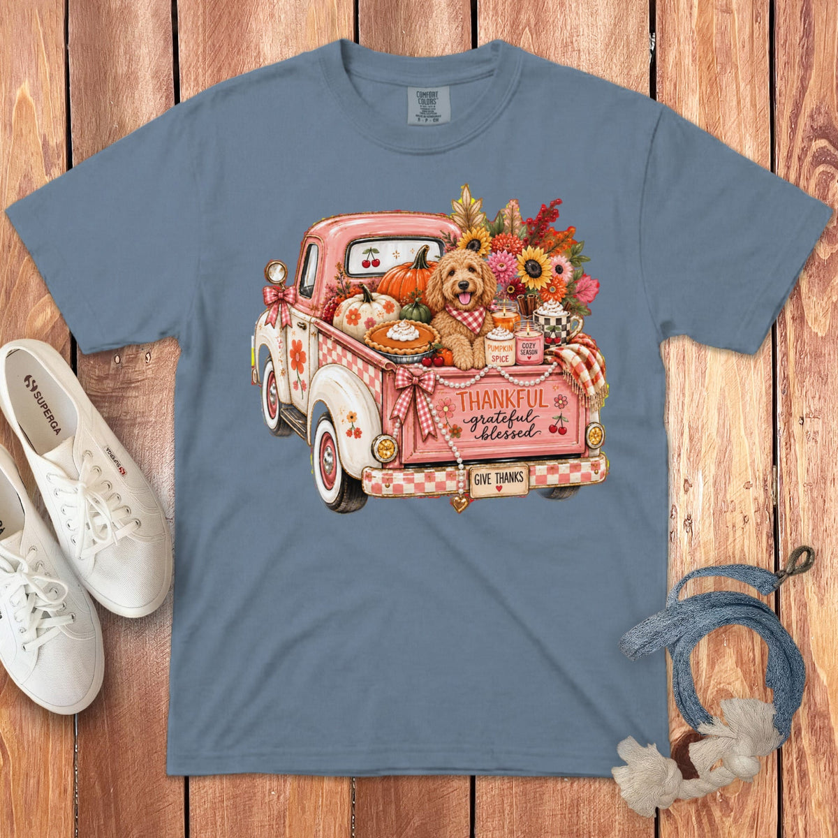 Apricot Goldendoodle Fall Truck Signature T-Shirt in Blue Jean / S by Puppy Jo