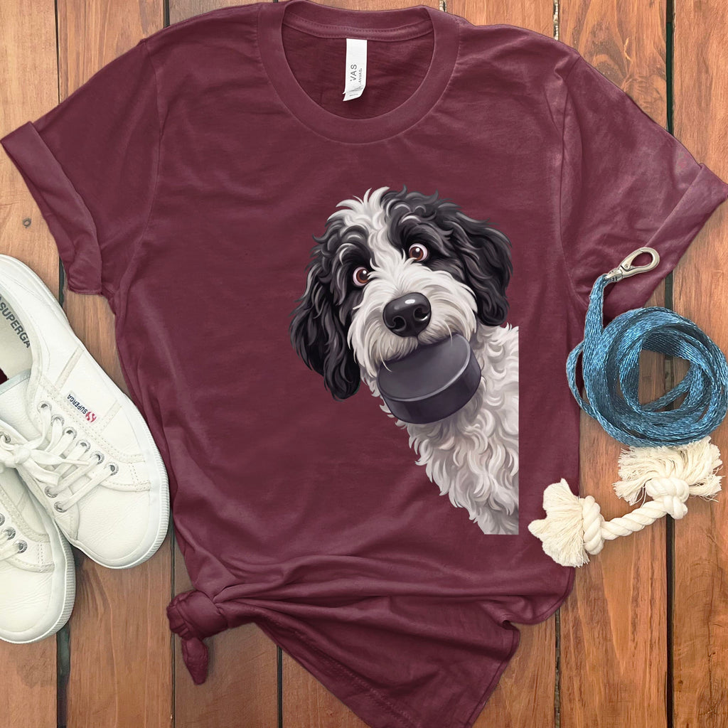 Sheepadoodle Hockey Puck T-Shirt in Maroon / S by Puppy Jo