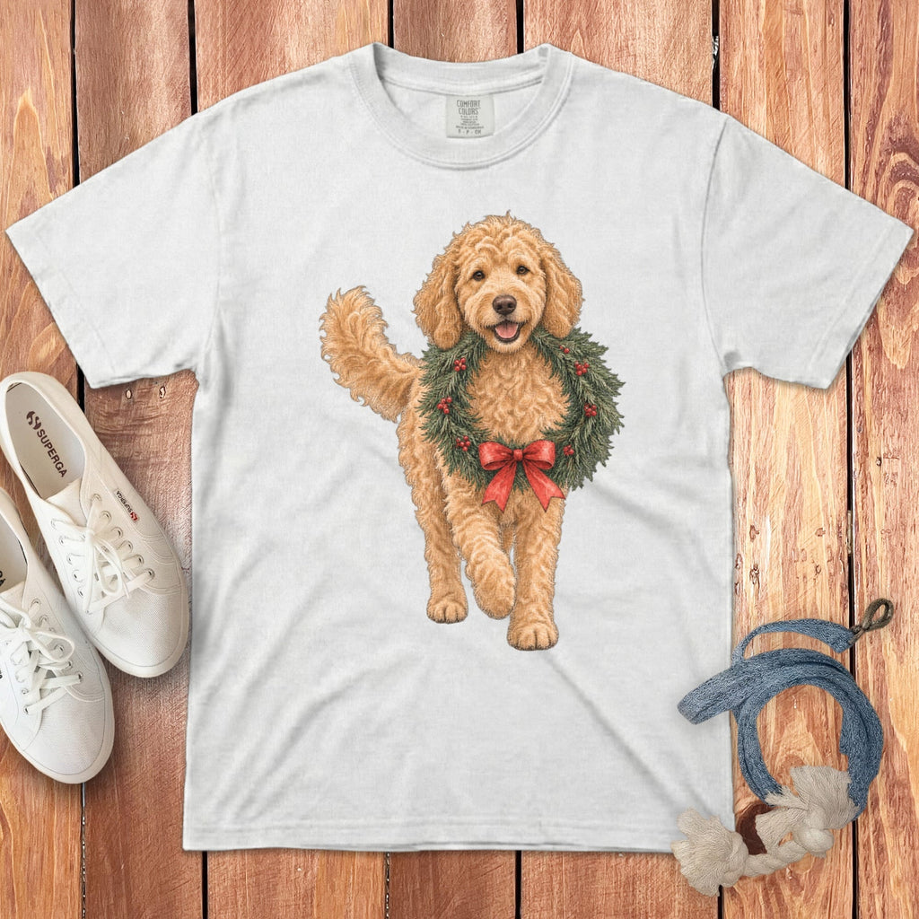 Apricot Goldendoodle Wreath Signature T-Shirt in White / S by Puppy Jo