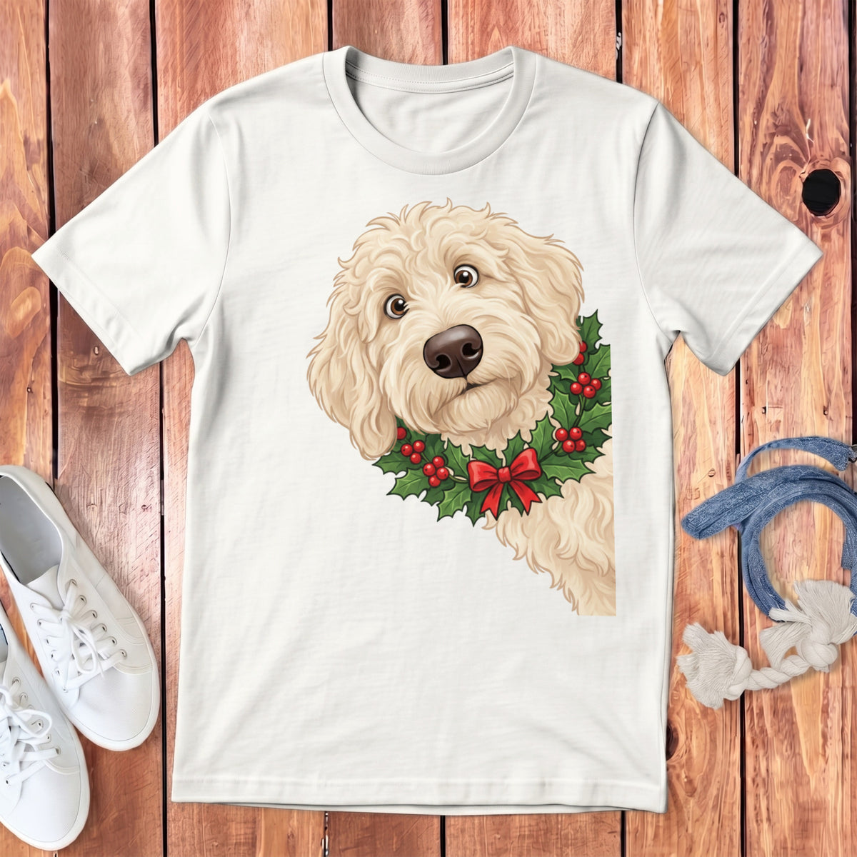 Cream doodle dog wearing a holly wreath with red berries and a red bow on a white t-shirt.