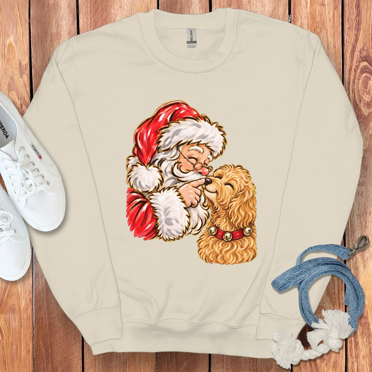 Golden Goldendoodle Santa Kiss Sweatshirt in Sand / S by Puppy Jo