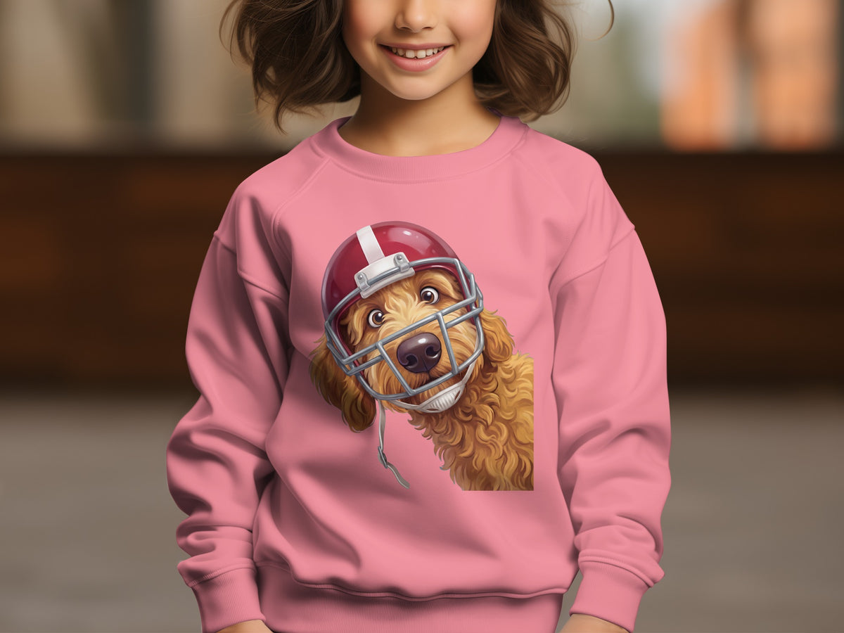 Pink sweatshirt featuring a doodle dog wearing a red football helmet.