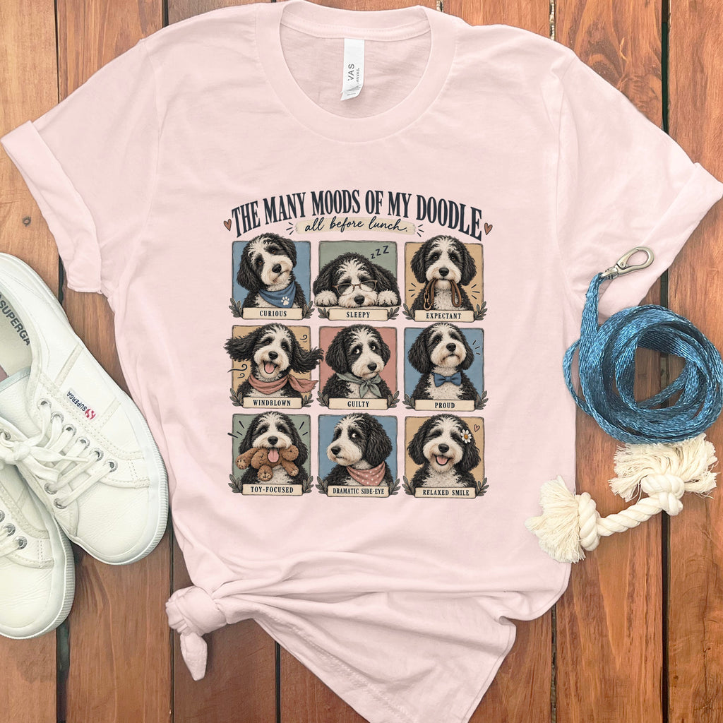 "The Many Moods of My Doodle" t-shirt design with nine doodle illustrations and descriptive text.